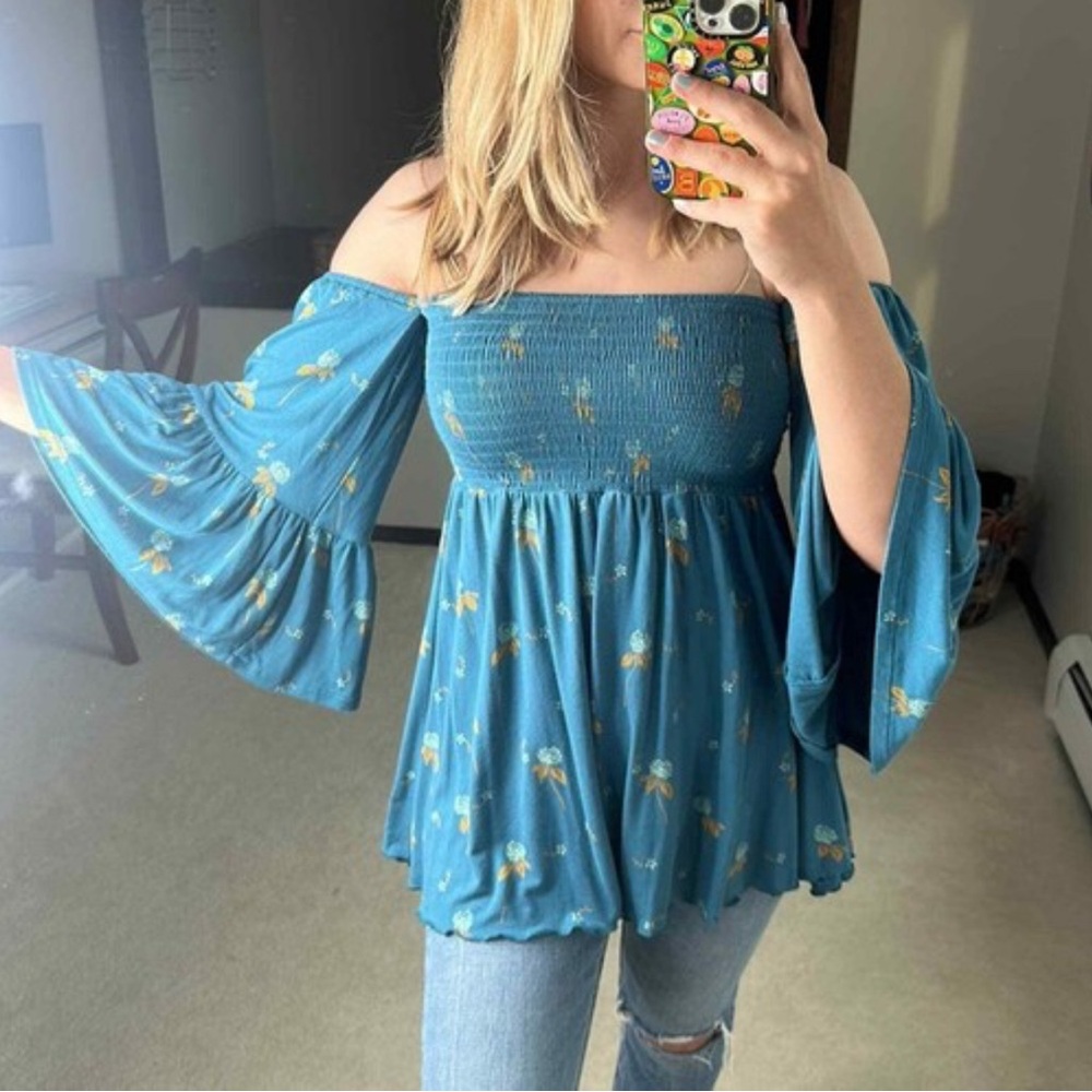 Free People Lana Floral Off-Shoulder Blue Tunic Top - Picture 3 of 9